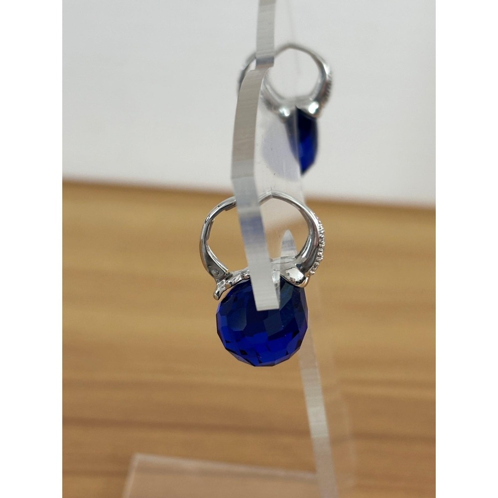 Silver Drop Earrings With Blue Faceted Crystal Stones & Rhinestone Accents OS - Picture 3 of 5